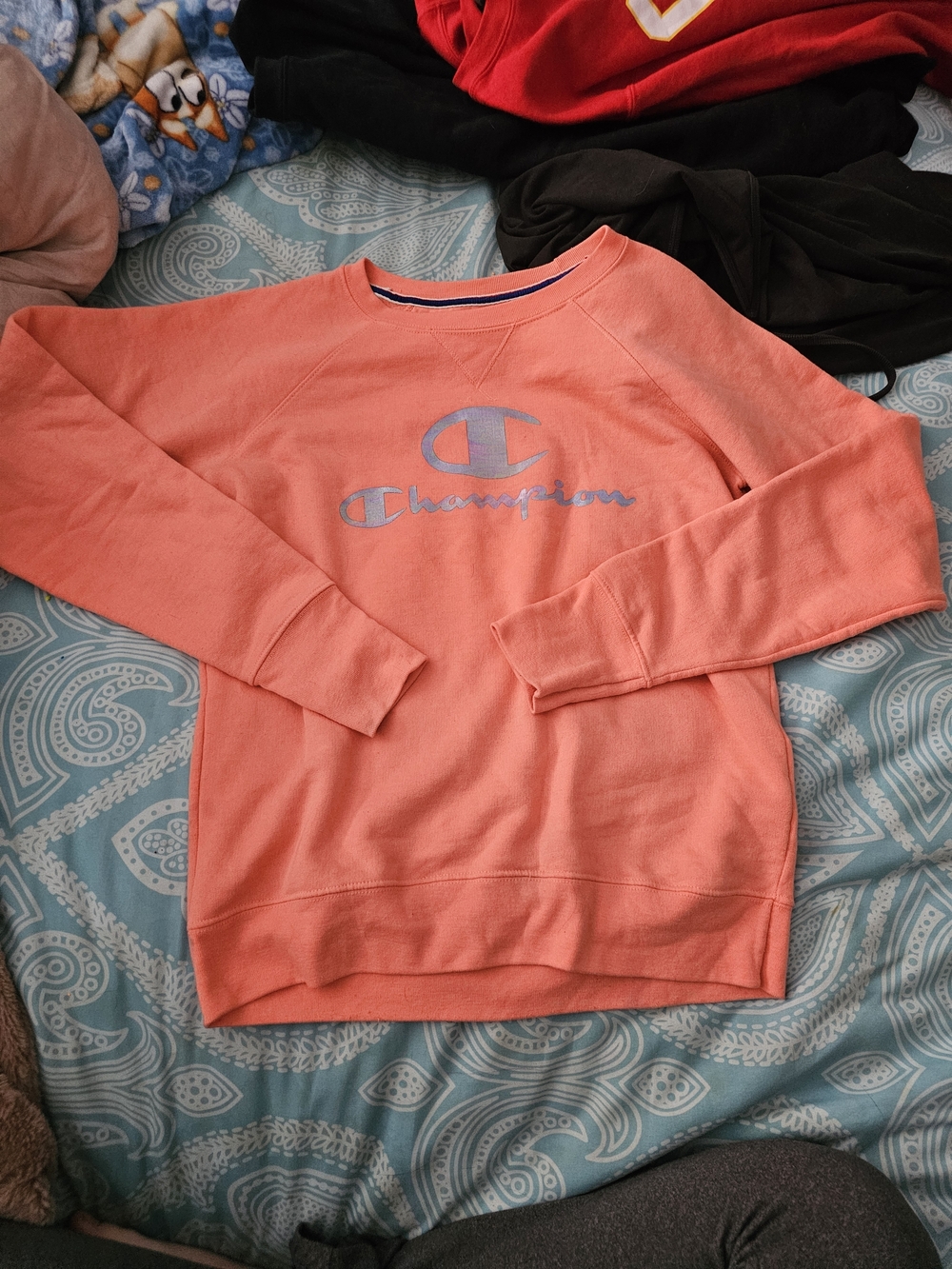 Champion Coral Pink Crewneck Sweatshirt with Blue Logo